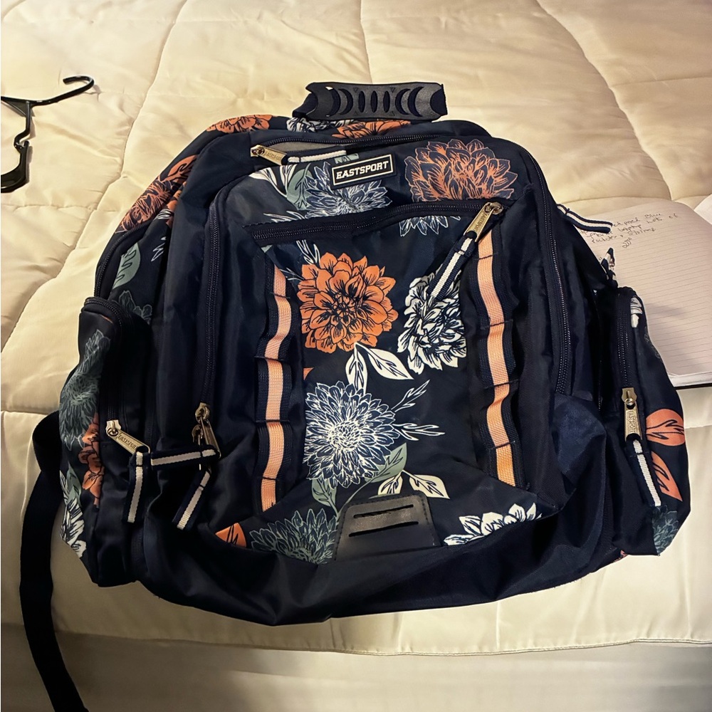 Eastsport Floral Navy Backpack - Peach & Cream Accents Many Compartments - Picture 9 of 9